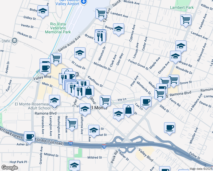 map of restaurants, bars, coffee shops, grocery stores, and more near 11139 Kauffman Street in El Monte