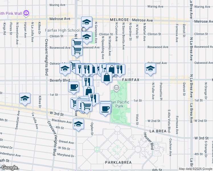 map of restaurants, bars, coffee shops, grocery stores, and more near 7660 Beverly Boulevard in Los Angeles