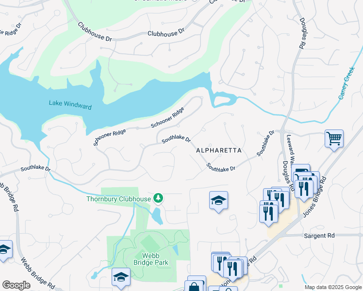 map of restaurants, bars, coffee shops, grocery stores, and more near 320 Woodlake Court in Alpharetta