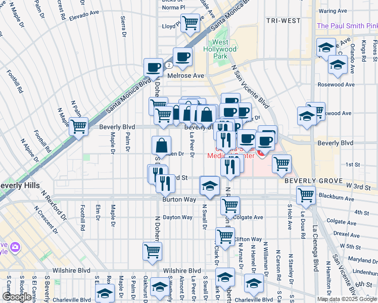 map of restaurants, bars, coffee shops, grocery stores, and more near 104 North Almont Drive in West Hollywood
