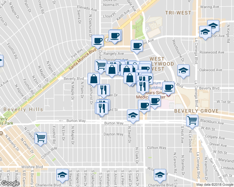 map of restaurants, bars, coffee shops, grocery stores, and more near 104 North Almont Drive in West Hollywood
