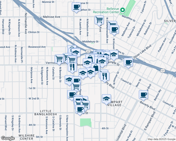 map of restaurants, bars, coffee shops, grocery stores, and more near 3619 Cosmopolitan Street in Los Angeles