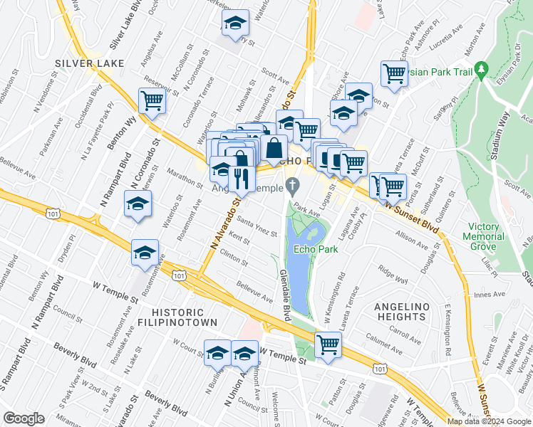 map of restaurants, bars, coffee shops, grocery stores, and more near 921 North Bonnie Brae Street in Los Angeles