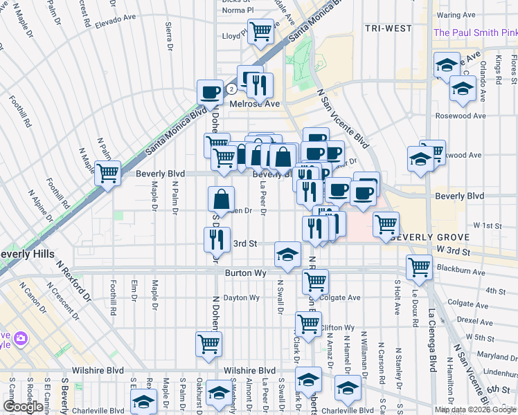 map of restaurants, bars, coffee shops, grocery stores, and more near 104 North Almont Drive in West Hollywood