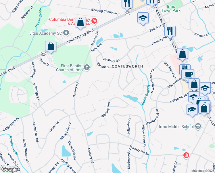 map of restaurants, bars, coffee shops, grocery stores, and more near 204 Char Oak Drive in Columbia