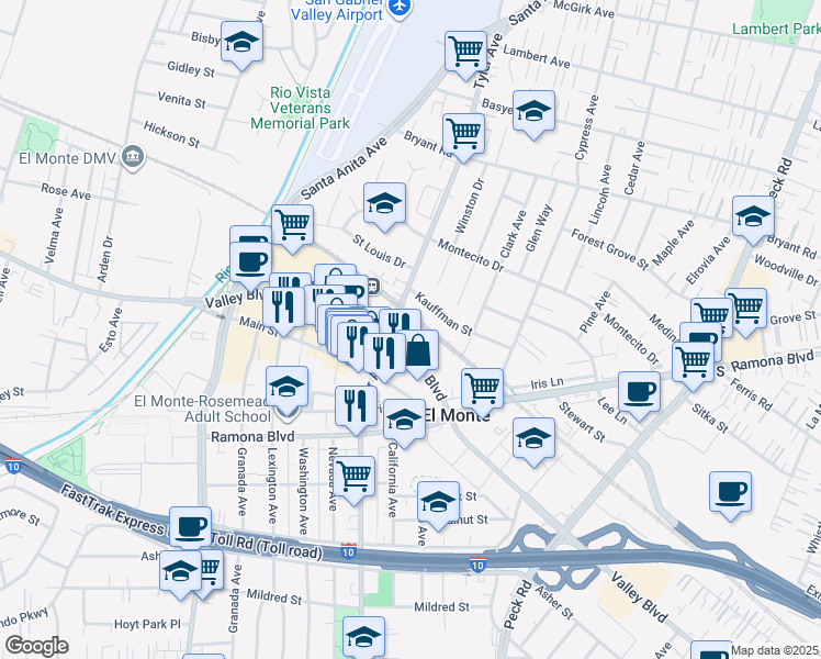 map of restaurants, bars, coffee shops, grocery stores, and more near in El Monte