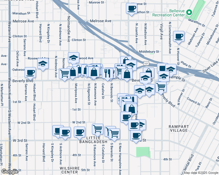 map of restaurants, bars, coffee shops, grocery stores, and more near 233 North Berendo Street in Los Angeles