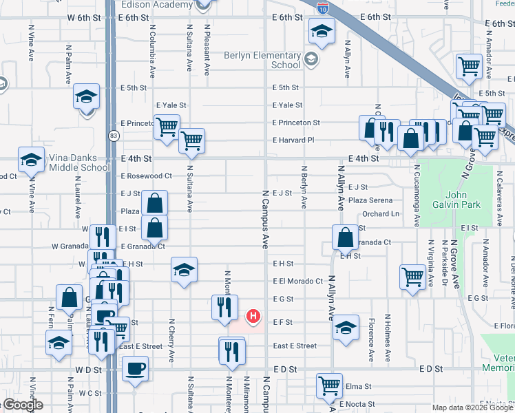 map of restaurants, bars, coffee shops, grocery stores, and more near 655 Plaza Serena in Ontario