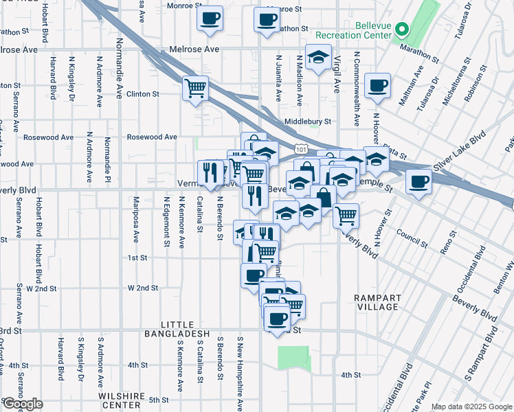 map of restaurants, bars, coffee shops, grocery stores, and more near 225 North Vermont Avenue in Los Angeles
