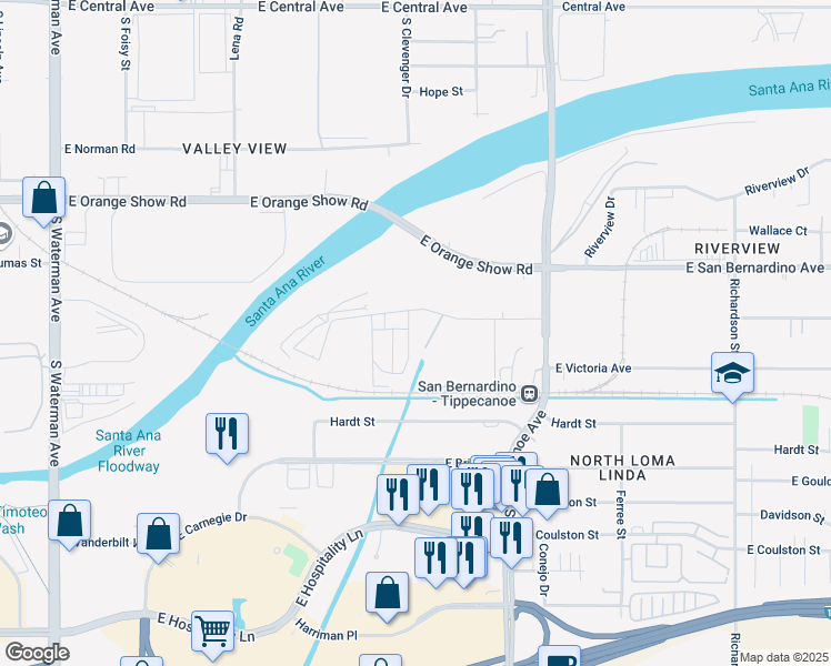 map of restaurants, bars, coffee shops, grocery stores, and more near 1431 South Gage Street in San Bernardino