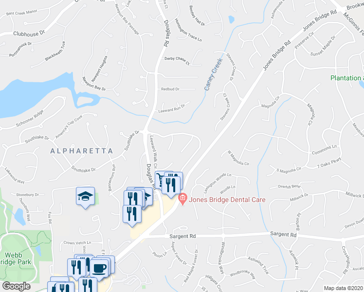 map of restaurants, bars, coffee shops, grocery stores, and more near 545 Creek Landing Lane in Alpharetta