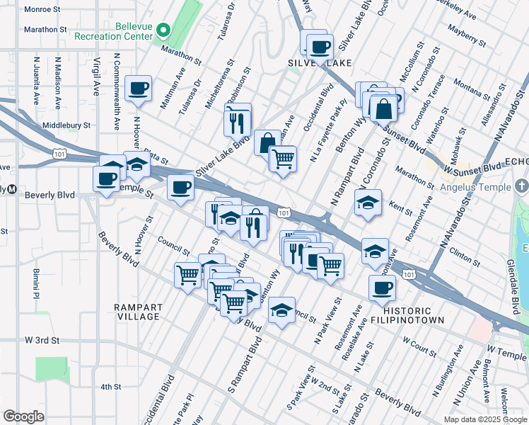 map of restaurants, bars, coffee shops, grocery stores, and more near 363 North Occidental Boulevard in Los Angeles