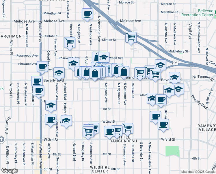 map of restaurants, bars, coffee shops, grocery stores, and more near 200 North Mariposa Avenue in Los Angeles