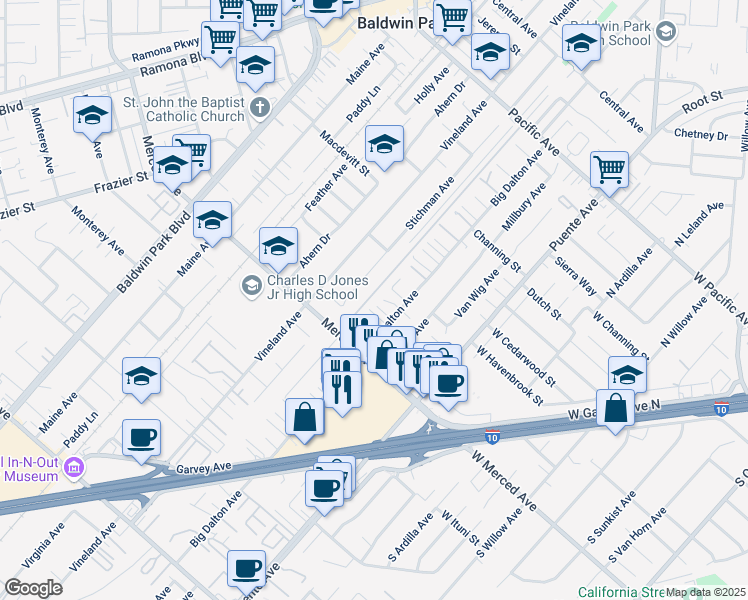 map of restaurants, bars, coffee shops, grocery stores, and more near 14388 Telluride Drive in Baldwin Park
