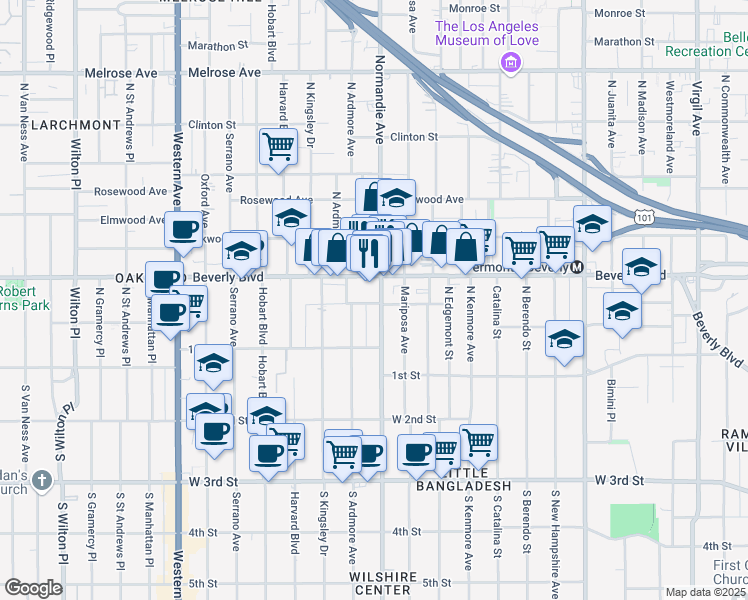 map of restaurants, bars, coffee shops, grocery stores, and more near 201 Normandie Avenue in Los Angeles