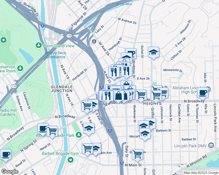 map of restaurants, bars, coffee shops, grocery stores, and more near 2220 Pasadena Avenue in Los Angeles