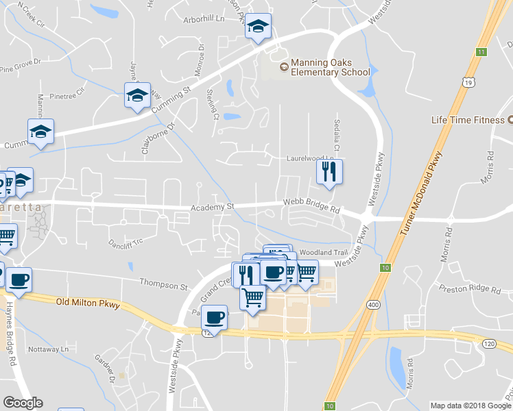 map of restaurants, bars, coffee shops, grocery stores, and more near 5000 Webb Bridge Crossing in Alpharetta