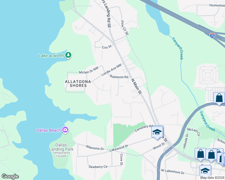 map of restaurants, bars, coffee shops, grocery stores, and more near 4963 Hampstead Lane in Acworth