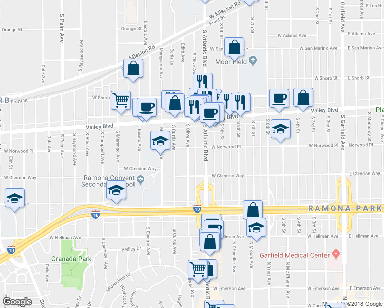 map of restaurants, bars, coffee shops, grocery stores, and more near 1608 South Olive Avenue in Alhambra