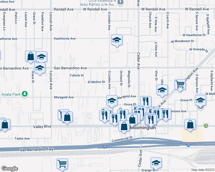 map of restaurants, bars, coffee shops, grocery stores, and more near 9824 Linden Avenue in Bloomington