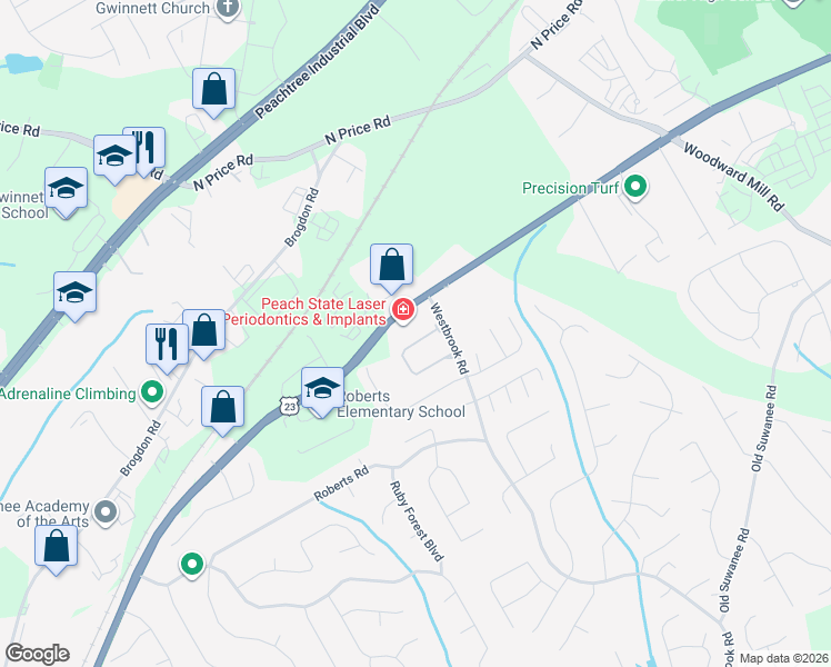 map of restaurants, bars, coffee shops, grocery stores, and more near 157 Rosshandler Road in Suwanee