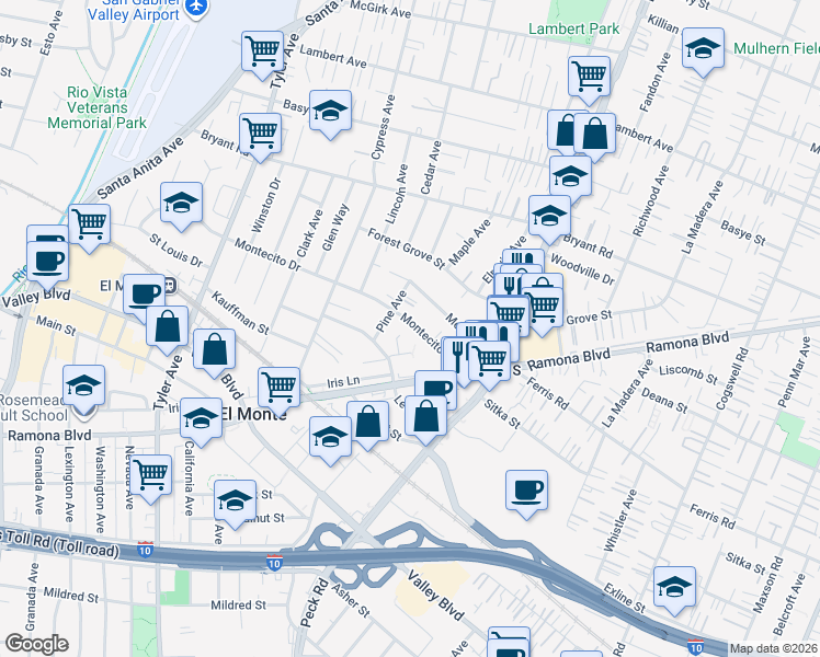 map of restaurants, bars, coffee shops, grocery stores, and more near 11400 Montecito Drive in El Monte