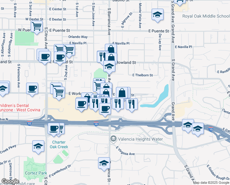 map of restaurants, bars, coffee shops, grocery stores, and more near 779 Briargate Lane in Covina