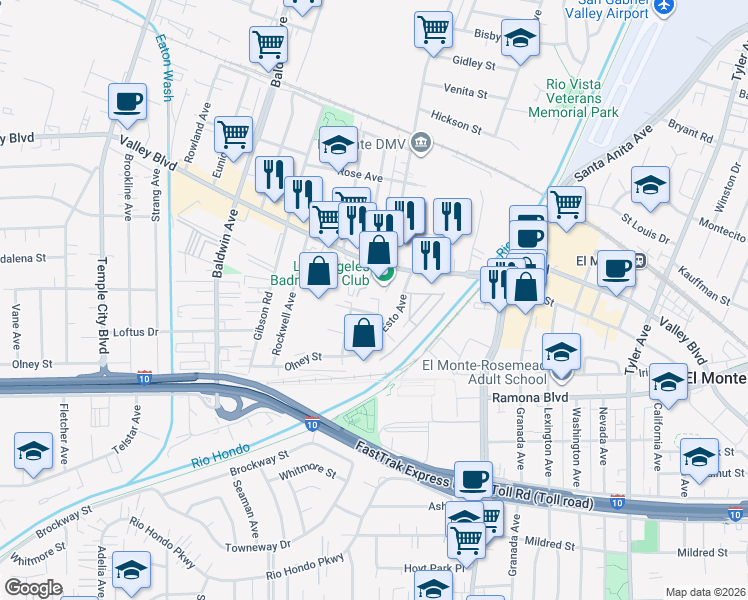 map of restaurants, bars, coffee shops, grocery stores, and more near 3715 Arden Drive in El Monte