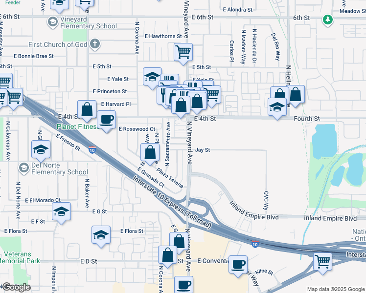 map of restaurants, bars, coffee shops, grocery stores, and more near 1879 East Jay Street in Ontario