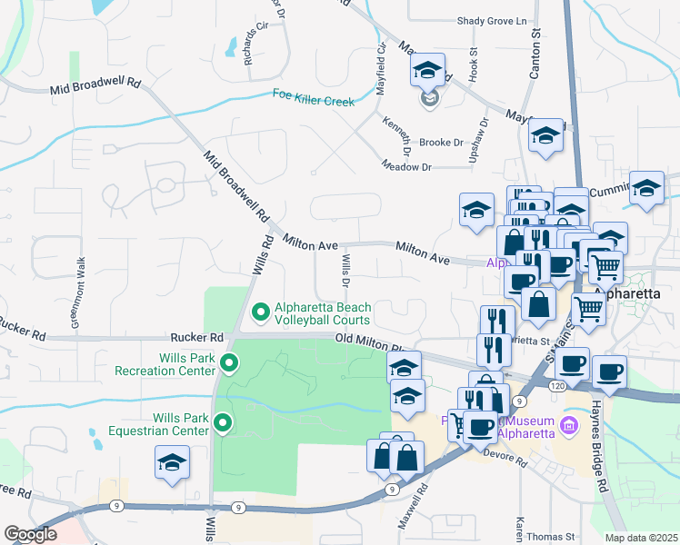 map of restaurants, bars, coffee shops, grocery stores, and more near 40 Wills Drive in Alpharetta