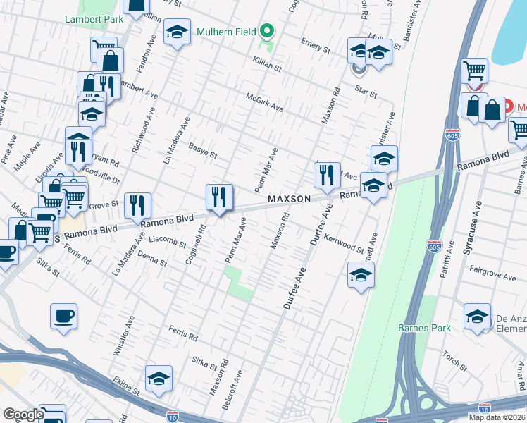 map of restaurants, bars, coffee shops, grocery stores, and more near 12136 Ramona Boulevard in El Monte