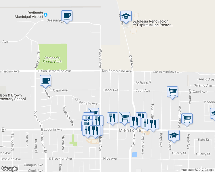 map of restaurants, bars, coffee shops, grocery stores, and more near 1375 Chrysolite Avenue in Mentone