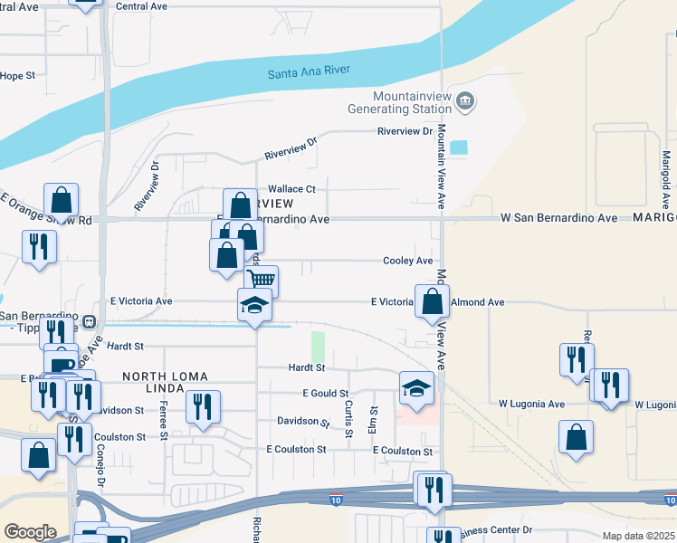 map of restaurants, bars, coffee shops, grocery stores, and more near 1815 East Cooley Avenue in San Bernardino