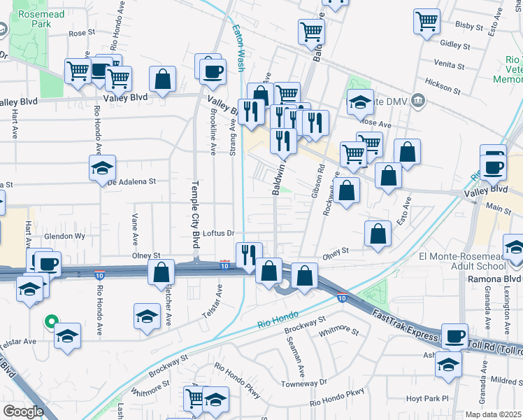 map of restaurants, bars, coffee shops, grocery stores, and more near 9915 Marshall Street in El Monte