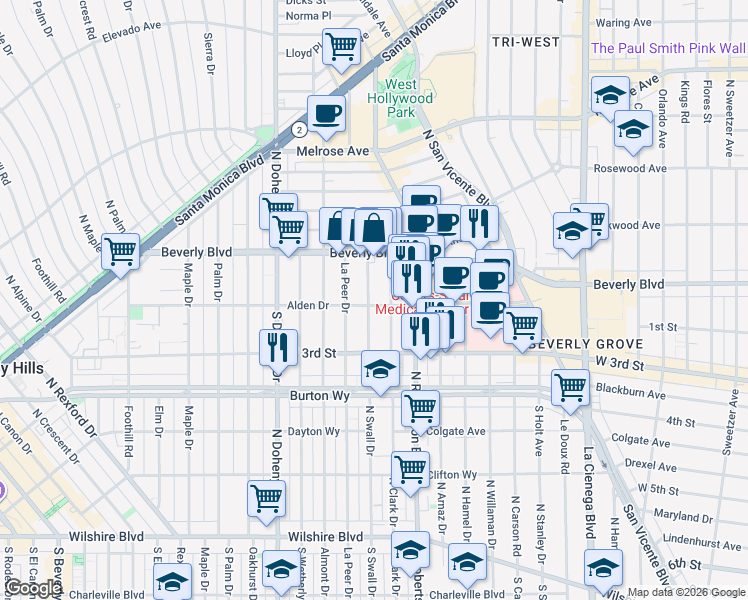 map of restaurants, bars, coffee shops, grocery stores, and more near 8903 Alden Drive in Los Angeles