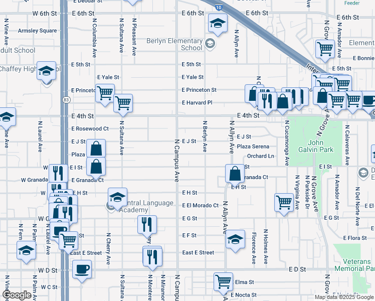 map of restaurants, bars, coffee shops, grocery stores, and more near 723 Plaza Serena in Ontario