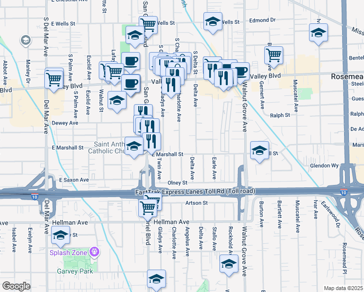 map of restaurants, bars, coffee shops, grocery stores, and more near 3718 South Charlotte Avenue in San Gabriel