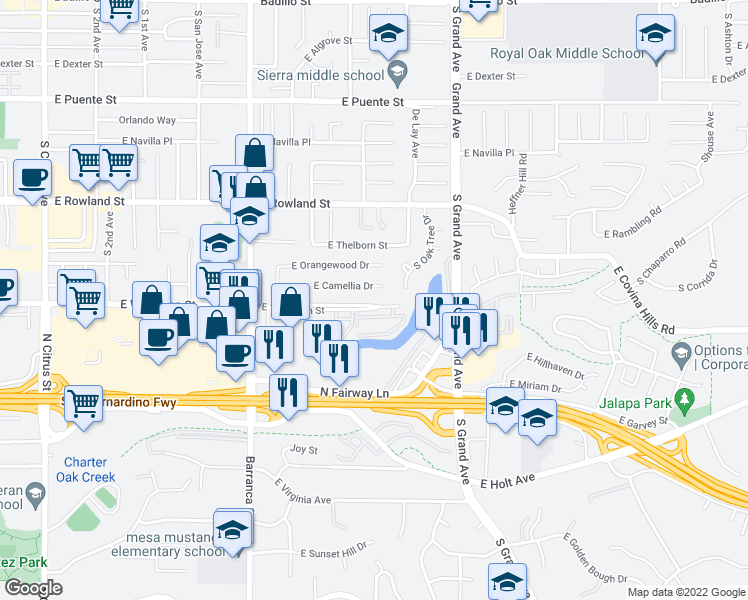 map of restaurants, bars, coffee shops, grocery stores, and more near 735 East Workman Lane in Covina