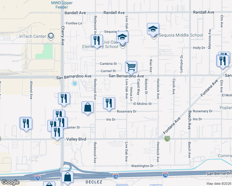 map of restaurants, bars, coffee shops, grocery stores, and more near 14830 El Molino Street in Fontana