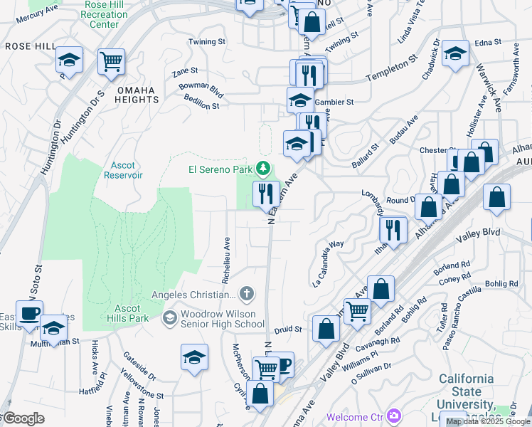 map of restaurants, bars, coffee shops, grocery stores, and more near 2471 North Eastern Avenue in Los Angeles