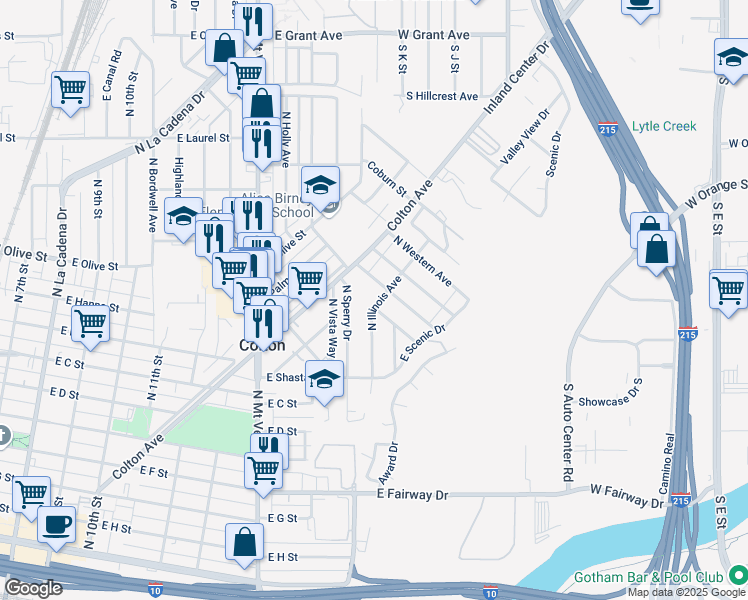 map of restaurants, bars, coffee shops, grocery stores, and more near 1011 North Illinois Avenue in Colton