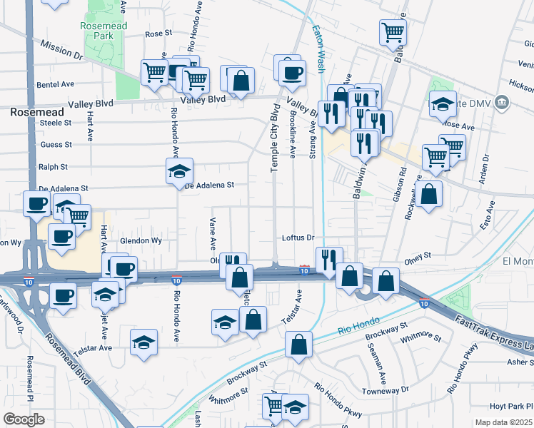 map of restaurants, bars, coffee shops, grocery stores, and more near 3641 Temple City Boulevard in Rosemead