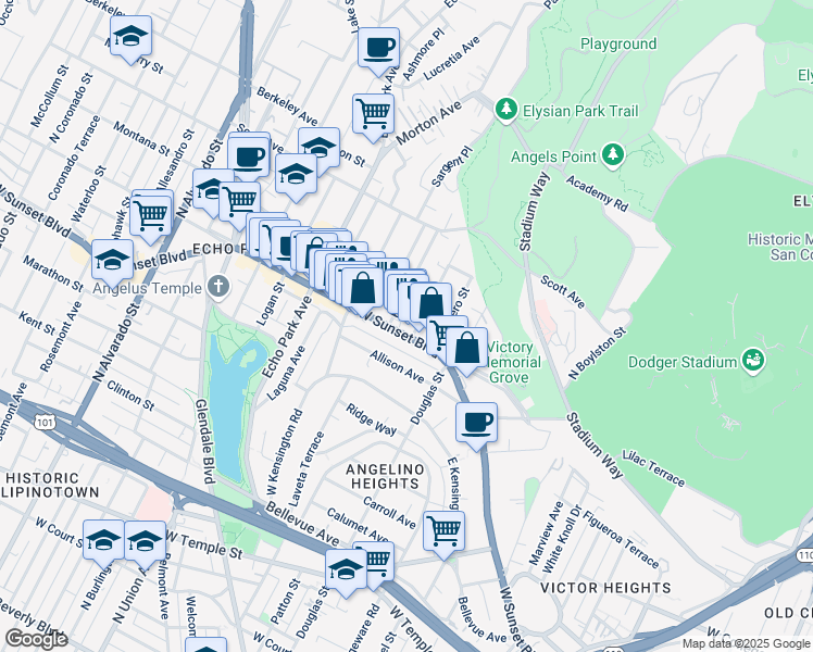 map of restaurants, bars, coffee shops, grocery stores, and more near 1467 West Sunset Boulevard in Los Angeles