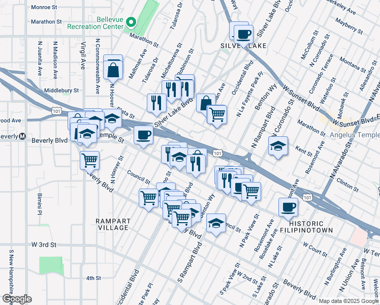map of restaurants, bars, coffee shops, grocery stores, and more near 347 Parkman Ave in Los Angeles