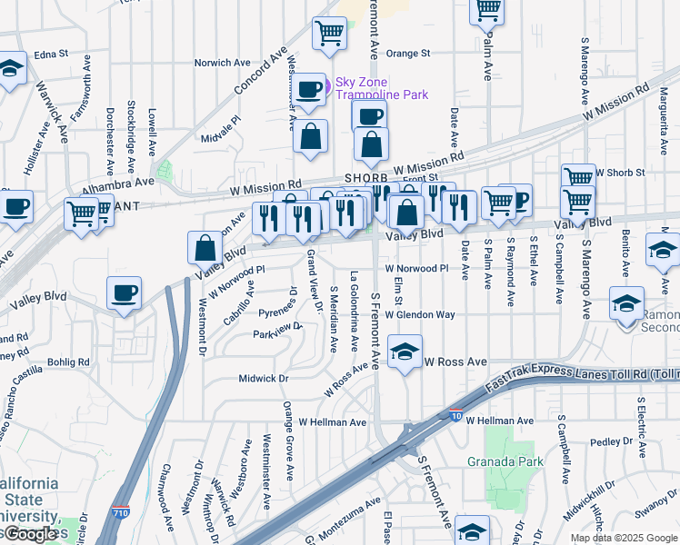 map of restaurants, bars, coffee shops, grocery stores, and more near 1600 South Meridian Avenue in Alhambra