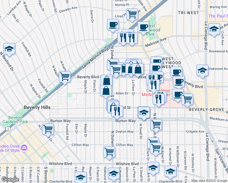 map of restaurants, bars, coffee shops, grocery stores, and more near 2 North Doheny Drive in Los Angeles