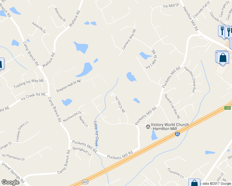 map of restaurants, bars, coffee shops, grocery stores, and more near 2865 Ivy Hill Drive Northeast in Buford