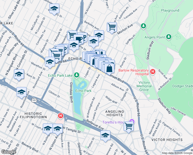 map of restaurants, bars, coffee shops, grocery stores, and more near 1069 Laguna Avenue in Los Angeles
