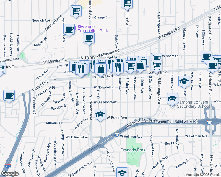 map of restaurants, bars, coffee shops, grocery stores, and more near 2304 West Norwood Place in Alhambra