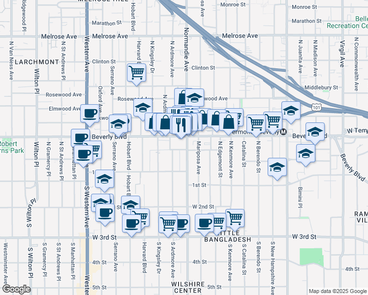 map of restaurants, bars, coffee shops, grocery stores, and more near 201 Normandie Avenue in Los Angeles
